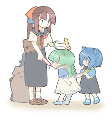 Rule 34 | 2k-tan, 3girls, 95-tan, ^ ^, ahoge, animal ears, arms at sides, bag, black eyes, blouse, blue hair, blunt bangs, blush, bow, bowtie, braid, briefcase, brown hair, carrying, carrying under arm, cat ears, child, closed eyes, dress, eyebrows, food, glasses, green hair, hair ornament, holding, holding food, licking, loafers, long hair, long skirt, me-tan, multiple girls, os-tan, parted bangs, ponytail, popsicle, puffy short sleeves, puffy sleeves, school uniform, serafuku, shirt, shoes, short hair, short sleeves, simple background, skirt, socks, standing, twin braids, twintails, white background
