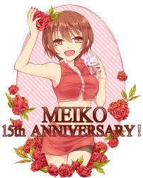 Rule 34 | 1girl, absurdres, anniversary, arm up, bare shoulders, brown eyes, brown hair, commentary, cowboy shot, crop top, cup, flower, glass, harusamesyota, highres, holding, holding cup, holding flower, jacket, looking at viewer, meiko (vocaloid), midriff, miniskirt, nail polish, navel, open mouth, red flower, red jacket, red nails, red rose, red skirt, rose, skirt, sleeveless, sleeveless jacket, smile, solo, vocaloid