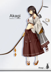 Rule 34 | 10s, 1girl, absurdres, akagi (kancolle), alternate costume, arrow (projectile), bow (weapon), brown eyes, brown hair, cowinsky, full body, highres, japanese clothes, kantai collection, long hair, looking at viewer, midriff, skirt, solo, weapon