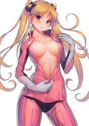 Rule 34 | 10s, 1girl, :o, bad id, bad pixiv id, bakuon!!, bell, blonde hair, blush, bodysuit, breasts, cleavage, hair bell, hair ornament, large breasts, long hair, looking at viewer, navel, partially unzipped, solo, suzunoki rin, twintails, unzipping, urokoda