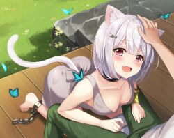 Rule 34 | 1girl, animal ear fluff, animal ears, azuki yui, barefoot, black collar, blue butterfly, blush, breasts, bug, butterfly, cat ears, cat girl, cat tail, chain, collar, collarbone, cuffs, deck (architecture), dress, fang, fish hair ornament, grass, grey dress, grey hair, hair ornament, hand on another&#039;s head, headpat, insect, male hand, open mouth, original, pink eyes, plant, shackles, small breasts, stairs, stone stairs, tail, toenails, toes