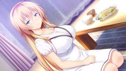 Rule 34 | 1girl, absurdres, blonde hair, blue eyes, blush, bowl, breasts, carpet, closed mouth, curtains, dress, dutch angle, female focus, flower, food, game cg, hair between eyes, hair flower, hair ornament, hairband, highres, indoors, kyouno hana, large breasts, legs, long hair, looking at viewer, nekonyan, original, rice, sitting, smile, solo, table, thighs, tonari ni kanojo no iru shiawase ~curious queen~