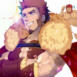 Rule 34 | 2boys, alternate costume, armor, bara, beard, blank censor, blue eyes, borrowed clothes, bracer, breastplate, brown hair, cape, censored, cleavage cutout, clothing cutout, completely nude, cosplay, cross scar, crossed arms, facial hair, fate/grand order, fate (series), flying sweatdrops, fur-trimmed cape, fur trim, gatta (gatta reve cat), goatee, grin, iskandar (fate), iskandar (fate) (cosplay), large pectorals, leather, long sideburns, looking to the side, male focus, mature male, multiple boys, muscular, muscular male, napoleon bonaparte (fate), nude, pectoral cleavage, pectorals, red cape, red hair, scar, scar on chest, short hair, sideburns, smile, solo focus, sparkle, upper body