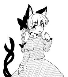 Rule 34 | 1girl, animal ears, braid, cat ears, cat tail, dress, frilled sleeves, frills, greyscale, isaki (gomi), kaenbyou rin, long sleeves, monochrome, multiple tails, short hair, tail, touhou, twin braids