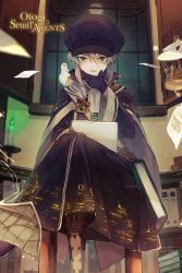 Rule 34 | 1boy, androgynous, bird, black hat, blue hair, boots, candlestand, cloak, copyright name, crossed legs, gloves, green eyes, hat, hihara you, leonardo da vinci (otogi:spirit agents), long sleeves, male focus, official art, open mouth, otogi:spirit agents, second-party source, smirk, solo