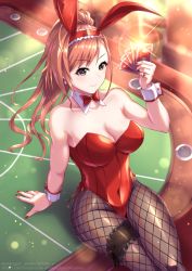 Rule 34 | 1girl, animal ears, arisugawa natsuha, black eyes, breasts, bridal garter, brown pantyhose, card, casino card table, cleavage, commentary request, cowboy shot, fake animal ears, fishnet pantyhose, fishnets, idolmaster, idolmaster shiny colors, large breasts, leotard, long hair, pantyhose, playboy bunny, playing card, poker table, ponytail, rabbit ears, red hair, red leotard, red neckwear, shingo (picturepuzzle), sitting, solo, strapless, strapless leotard, table