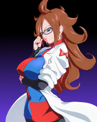 Rule 34 | 1girl, ahoge, android 21, black nails, blue background, blue eyes, breast hold, breasts, brown hair, checkered clothes, checkered dress, closed mouth, cowboy shot, curly hair, detached sleeves, dragon ball, dragon ball fighterz, dress, earrings, female focus, glasses, gradient background, hand up, highres, hoop earrings, jewelry, lab coat, large breasts, long hair, looking at viewer, nail polish, pantyhose, rom (20), simple background, smile, solo, standing