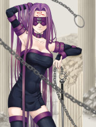 Rule 34 | 1girl, arm up, black dress, black thighhighs, breasts, chain, cleavage, cloud, cloudy sky, collar, collarbone, covered navel, cowboy shot, day, detached sleeves, dress, facial tattoo, fate/stay night, fate (series), hand in own hair, large breasts, long hair, mask, medusa (fate), medusa (rider) (fate), outdoors, purple hair, ruins, short dress, sky, sleeveless, sleeveless dress, solo, standing, strapless, strapless dress, tattoo, thighhighs, tube dress, very long hair, weapon, zettai ryouiki