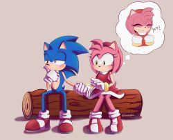 Rule 34 | 1boy, 1girl, amy rose, animal ears, boots, dress, closed eyes, furry, furry female, furry male, gloves, green eyes, hairband, highres, male focus, pink hair, red dress, red footwear, red hairband, sega, simple background, smile, sonic (series), sonic the hedgehog, steffybs, tail, twitter username, white gloves, wood
