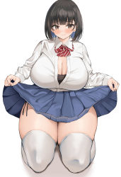 Rule 34 | 1girl, absurdres, black bra, black hair, blue skirt, blunt bangs, blush, bob cut, bra, breasts, brown eyes, cleavage, closed mouth, clothes lift, collared shirt, commentary request, curvy, highres, huge breasts, kneeling, lifting own clothes, looking at viewer, neneneji, original, pleated skirt, plump, school uniform, shirt, short hair, simple background, skirt, skirt lift, smile, solo, thick thighs, thighhighs, thighs, underwear, white background, white shirt, white thighhighs