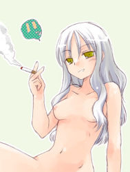 Rule 34 | 00s, 1girl, breasts, caren hortensia, cigarette, fate/hollow ataraxia, fate/stay night, fate (series), green eyes, lowres, medium breasts, misaki kozue, nipples, nude, silver hair, smoking, solo, type-moon