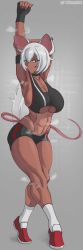 Rule 34 | 1girl, abs, animal ears, arm behind head, armpits, black eyes, boyu, breasts, cleavage, collar, dark-skinned female, dark skin, female focus, full body, gloves, gradient background, grey background, highres, large breasts, looking at viewer, mouse ears, mouse tail, muscular, muscular female, shoes, short hair, sideboob, socks, solo, standing, steam, sweat, tail, thighs, underboob, white hair