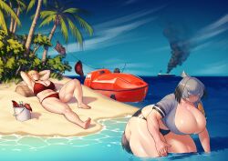 Rule 34 | 3girls, absurdres, alternate breast size, alternate muscle size, ass, beach, bent over, better-with-salt, bikini, blonde hair, boat, breasts, brown hair, cleavage, collared shirt, fire, fishing, fishing rod, girls&#039; frontline, grey hair, grey shirt, hair between eyes, hat, highres, huge ass, huge breasts, island, kono subarashii sekai ni shukufuku wo!, large breasts, lobster, lying, megumin, multicolored hair, multiple girls, muscular arms, muscular legs, ocean, on back, palm tree, partially submerged, sand, shirt, shoebill (kemono friends), shorts, smile, standing, swimsuit, thick thighs, thighs, tree, water, watercraft, welrod mkii (girls&#039; frontline)