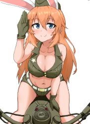 Rule 34 | 1girl, absurdres, artist request, bare shoulders, belly, blue eyes, blush, breasts, charlotte e. yeager, cleavage, collarbone, crop top, garrison cap, gloves, hat, highres, large breasts, long hair, looking at viewer, motor vehicle, motorcycle, navel, orange hair, salute, shorts, strike witches, vehicle, world witches series