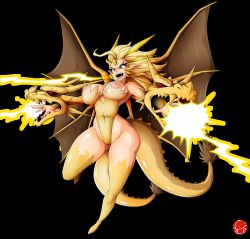 Rule 34 | 1girl, alien, blonde hair, breasts, cosplay, dragon, energy, genderswap, genderswap (mtf), glowing, godzilla (series), humanization, hydra, kaijuu, king ghidorah, large breasts, leotard, monster, monster girl, puffy nipples, pussy, red eyes, revealing clothes, sagging breasts, see-through, tail, third-party edit, toho, wings, witchking00