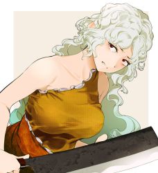 Rule 34 | 1girl, bare arms, bare shoulders, beige background, breasts, collarbone, commentary request, dress, green hair, hatchet, hi you (flying bear), highres, holding, holding weapon, large breasts, long hair, looking at viewer, multicolored clothes, multicolored dress, nata (tool), red eyes, sakata nemuno, single strap, solo, tareme, touhou, two-tone background, upper body, wavy hair, weapon, white background