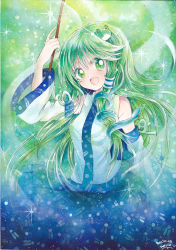 Rule 34 | 1girl, 2012, colored pencil (medium), dated, detached sleeves, female focus, frog hair ornament, green eyes, green hair, hair ornament, hair tubes, kochiya sanae, long hair, marker (medium), matching hair/eyes, mosho, open mouth, painting (medium), signature, skirt, smile, snake, solo, touhou, traditional media, watercolor (medium), wide sleeves