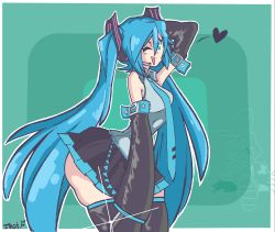 Rule 34 | 1girl, absurdres, ass, breasts, buckle, detached sleeves, green background, green eyes, green hair, hatsune miku, heart, highres, huge ass, long hair, medium breasts, necktie, skirt, sleeves past wrists, smile, solo, sparkle, techfuzz, thick thighs, thighhighs, thighs, twintails, very long hair, vocaloid, wink