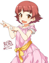 Rule 34 | 1girl, akane yuki, bare shoulders, brown eyes, collarbone, commentary request, dress, fox shadow puppet, idolmaster, idolmaster million live!, nonohara akane, open mouth, pink dress, red hair, sash, short hair, short sleeves, simple background, smile, solo