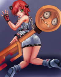 Rule 34 | 1girl, a.b.a, alec, arc system works, ass, bags under eyes, bandages, bare shoulders, blood, chain, fingerless gloves, from behind, gloves, gradient background, green eyes, guilty gear, hair over one eye, homunculus, key, kneeling, looking at viewer, looking back, open mouth, paracelsus (guilty gear), parted lips, red hair, sarashi, short hair, shorts, single glove, solo