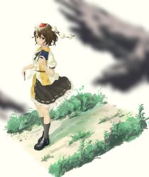 Rule 34 | 1girl, :|, as scolipede, bird, black footwear, black neckerchief, black skirt, black socks, blouse, blurry, blurry foreground, book, brown eyes, brown hair, buttons, closed mouth, depth of field, expressionless, frilled skirt, frills, full body, grass, hair between eyes, hat, highres, holding, holding book, holding pen, kneehighs, looking at viewer, multicolored clothes, multicolored skirt, neckerchief, path, pen, pom pom (clothes), puffy short sleeves, puffy sleeves, red hat, ribbon-trimmed skirt, ribbon trim, road, shameimaru aya, shirt, shoes, short hair, short sleeves, sideways glance, skirt, socks, solo, standing, tokin hat, touhou, white shirt, yellow skirt