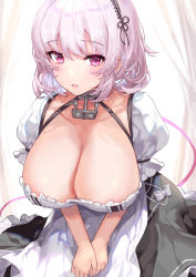 Rule 34 | 1girl, absurdres, apron, azur lane, breasts, choker, cleavage, collar, denchu (kazudentyu), hairband, hanging breasts, happy, highres, huge breasts, large breasts, leaning forward, looking at viewer, maid apron, open mouth, own hands together, pink eyes, pink hair, sirius (azur lane), solo