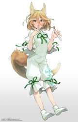 Rule 34 | 1girl, :o, animal ears, blonde hair, blush, bobby socks, bow, commentary request, cork, eyes visible through hair, fox ears, fox tail, gradient background, green bow, green neckwear, grey background, hair between eyes, hand up, jumpsuit, kudamaki tsukasa, looking at viewer, open mouth, short hair, short sleeves, socks, solo, surprised, syuri22, tail, test tube, touhou, touhou unreal mahjong, white jumpsuit, white sleeves, white socks, yellow eyes