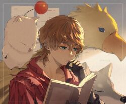 Rule 34 | 1boy, animal, black gloves, blue eyes, book, chocobo, closed mouth, collarbone, collared shirt, commentary request, dog, final fantasy, final fantasy xvi, gloves, hair between eyes, hand on own chin, hand up, highres, holding, holding book, indoors, joshua rosfield, light brown hair, male focus, moogle, open book, ouka (stan), reading, red shirt, shirt, short hair, torgal (ff16), twitter username, upper body