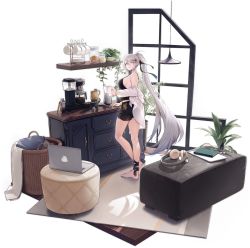 1girl, ankle ribbon, azur lane, bangs, barefoot, basket, black shorts, book, breasts, cabinet, character name, coffee maker (object), coffee pot, computer, copyright name, cup, earphones, headphones, highres, holding, holding cup, indoors, kirov (azur lane), kirov (blend r) (azur lane), laptop, large breasts, long hair, long sleeves, looking at viewer, manjuu (azur lane), mug, off shoulder, official alternate costume, official art, parted lips, ponytail, ribbon, shirt, short shorts, shorts, sideboob, smile, solo, standing, swept bangs, transparent background, very long hair, white hair, white shirt, yellow eyes