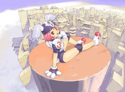Rule 34 | 1girl, animal ears, animal hands, arm support, asian architecture, city, cityscape, hanainu (orange bullet), hat, highres, looking at viewer, looking back, non-web source, outdoors, panorama, pink eyes, pink hair, rabbit ears, rabbit tail, red eyes, short hair, sitting, solo, tail
