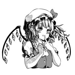 Rule 34 | 1girl, ascot, breasts, buttons, collared shirt, cropped torso, crystal, finger to mouth, flandre scarlet, frilled shirt collar, frilled sleeves, frills, greyscale, hat, hat ribbon, index finger raised, kourou (kouroukun), looking at viewer, medium hair, mob cap, monochrome, one side up, puffy short sleeves, puffy sleeves, ribbon, shirt, short sleeves, simple background, small breasts, solo, touhou, upper body, vest, wings