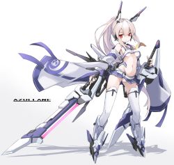 Rule 34 | 1girl, ayanami (azur lane), azur lane, bare shoulders, belt, belt buckle, blue sailor collar, blue skirt, blush, boots, breasts, buckle, commentary request, copyright name, crop top, detached sleeves, dual wielding, fingernails, gradient background, grey background, grey footwear, groin, hair between eyes, headgear, high ponytail, highres, holding, holding sword, holding weapon, karukan (monjya), long hair, long sleeves, mechanical boots, medium breasts, navel, panties, parted lips, pleated skirt, ponytail, red eyes, remodel (azur lane), sailor collar, school uniform, serafuku, shadow, shirt, skirt, sleeveless, sleeveless shirt, sleeves past wrists, solo, standing, sword, thighhighs, underwear, very long hair, weapon, white background, white belt, white panties, white shirt, white thighhighs, wide sleeves, yellow neckwear