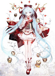 Rule 34 | 1girl, apple, black bow, blue hair, bow, branch, commentary request, dress, fishnet thighhighs, fishnets, food, fruit, full body, golden apple, grey eyes, hair between eyes, hand up, hatsune miku, highres, juexing (moemoe3345), long hair, long sleeves, red bow, red footwear, shoes, sleeves past fingers, sleeves past wrists, solo, thighhighs, veil, very long hair, vocaloid, white background, white dress, white thighhighs, wide sleeves