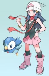 Rule 34 | 1girl, beanie, black hair, black shirt, blush, boots, clenched hand, closed mouth, commentary request, creatures (company), dawn (pokemon), floating scarf, full body, game freak, gen 4 pokemon, grey eyes, hair ornament, hairclip, hat, highres, hyou (hyouga617), long hair, nintendo, over-kneehighs, pink footwear, pink skirt, piplup, pokemon, pokemon (creature), pokemon dppt, red scarf, scarf, shirt, sidelocks, skirt, sleeveless, sleeveless shirt, smile, split mouth, standing, thighhighs, white headwear