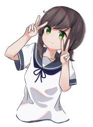 Rule 34 | 1girl, blue ribbon, blue sailor collar, blush, brown hair, closed mouth, commentary request, cropped torso, double v, fubuki (kancolle), green eyes, hair tie, hands up, highres, houjichaoic, kantai collection, long hair, low ponytail, neck ribbon, ponytail, ribbon, sailor collar, school uniform, serafuku, shirt, sidelocks, simple background, solo, upper body, v, white background, white shirt