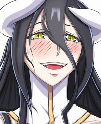 Rule 34 | 1girl, albedo (overlord), bad id, bad pixiv id, black hair, blush, highres, horns, looking at viewer, murabito sono2, open mouth, overlord (maruyama), portrait, slit pupils, solo, sweatdrop, white background, yellow eyes