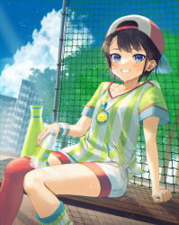 Rule 34 | 1girl, artist name, asymmetrical legwear, backwards hat, baseball cap, bench, blue eyes, blue sky, bottle, brown hair, cloud, collarbone, commentary, gotou (nekocat), green nails, grin, hat, highres, hololive, looking at viewer, nail polish, oozora subaru, oozora subaru (1st costume), outdoors, shirt, short hair, short sleeves, shorts, signature, sitting, sky, smile, solo, stopwatch, stopwatch around neck, striped clothes, striped shirt, sweat, swept bangs, t-shirt, thighhighs, tied shirt, tree, uneven legwear, vertical-striped clothes, vertical-striped shirt, virtual youtuber, watch, water bottle, whistle, whistle around neck, wooden bench