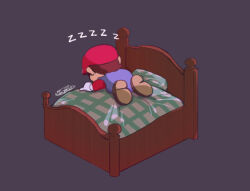 Rule 34 | 1boy, blue overalls, brown footwear, brown hair, cabbie hat, exhausted, gameplay mechanics, grey background, hat, jemuzu, lying, mario, mario (series), nintendo, on bed, on stomach, overalls, pillow, red headwear, red shirt, scene reference, shirt, shoes, signature, sleeping, solo, super mario rpg, zzz