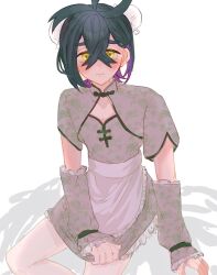 Rule 34 | 1boy, alternate costume, apron, black hair, blush, bun cover, china dress, chinese clothes, closed mouth, creatures (company), crossdressing, detached sleeves, dress, game freak, grey dress, hair between eyes, highres, kieran (pokemon), looking at viewer, male focus, mfmftru0111, mole, mole on neck, multicolored hair, nintendo, pokemon, pokemon sv, purple hair, short sleeves, simple background, sitting, solo, tears, trap, waist apron, white apron, white background, yellow eyes