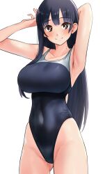 Rule 34 | 1girl, arm behind head, armpits, arms up, black hair, black one-piece swimsuit, blush, boku no kokoro no yabai yatsu, breasts, bright pupils, brown eyes, closed mouth, commentary request, commission, competition swimsuit, covered navel, gluteal fold, groin, highleg, highleg swimsuit, highres, large breasts, long hair, looking at viewer, mole, mole on neck, one-piece swimsuit, pixiv commission, simple background, smile, solo, split mouth, swimsuit, taut clothes, taut swimsuit, very long hair, white background, white pupils, yamada anna, yoo tenchi