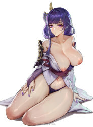 Rule 34 | 1girl, absurdres, armor, artist name, bare shoulders, black panties, breasts, breasts out, bridal gauntlets, collarbone, full body, genshin impact, grey kimono, highres, japanese clothes, kimono, large breasts, long hair, looking at viewer, nail polish, navel, nipples, off shoulder, open clothes, open kimono, panties, parted lips, purple eyes, purple hair, purple nails, raiden shogun, sayanestia, shoulder armor, simple background, sitting, solo, thick thighs, thighs, underwear, v-shaped eyebrows, white background, yokozuwari