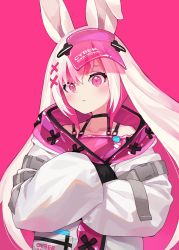 Rule 34 | 1girl, animal ears, blush, camisole, closed mouth, collarbone, commentary request, copyright request, hat, highres, jacket, long hair, long sleeves, looking at viewer, multicolored hair, narumi arata, pink background, pink camisole, pink eyes, pink hair, pink hat, puffy long sleeves, puffy sleeves, rabbit ears, see-through, sleeves past fingers, sleeves past wrists, solo, two-tone hair, upper body, very long hair, visor cap, white hair, white jacket