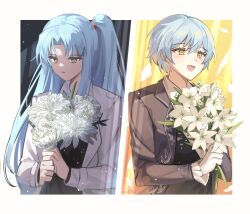 Rule 34 | 2girls, angela (project moon), black vest, blue coat, blue hair, bouquet, coat, collared shirt, dual persona, flower, happy, highres, holding, holding bouquet, lab coat, library of ruina, lobotomy corporation, long hair, long sleeves, love mintchoco, multiple girls, open mouth, parted bangs, parted lips, project moon, shirt, short hair, sidelocks, simple background, smile, very long hair, vest, white background, white coat, white flower, white shirt, yellow eyes
