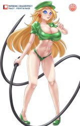 Rule 34 | 1girl, bare legs, blonde hair, blue eyes, commentary, crazzeffect, crop top, fight&#039;n rage, green footwear, green headwear, green shirt, green shorts, grin, highres, holding, holding whip, long hair, looking at viewer, micro shorts, midriff, navel, parted lips, puffy short sleeves, puffy sleeves, shirt, shoes, short sleeves, shorts, simple background, smile, solo, stomach, thighs, tracy (fight&#039;n rage), very long hair, white background