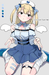 Rule 34 | 1girl, absurdres, bandaid, bandaid on leg, bare shoulders, black eyes, blonde hair, blue footwear, blue ribbon, blue shirt, blue skirt, blue sleeves, blush, breasts, broken heart, cleavage, color guide, commentary, detached collar, detached sleeves, detached wings, expressionless, facing viewer, full body, grey background, hair ribbon, hands up, hat, heart, highres, kneehighs, miyama (kannsannn), nurse cap, original, ribbon, shirt, shoes, simple background, skirt, sleeveless, sleeveless shirt, socks, symbol-only commentary, thigh strap, twitter username, two side up, white hat, white socks, white wings, wings