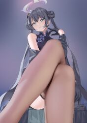 Rule 34 | 1girl, absurdres, black coat, black dress, black gloves, black hair, blue archive, china dress, chinese clothes, coat, commentary, crossed legs, double bun, dress, feet out of frame, gloves, hair bun, halo, highres, kisaki (blue archive), kuuhaku (pskf2372), long hair, looking at viewer, see-through, see-through thighhighs, sleeveless, sleeveless dress, solo, thighhighs, twintails, very long hair