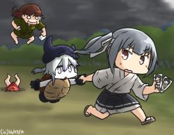 Rule 34 | 10s, 5girls, abyssal ship, brown eyes, chinese clothes, colored skin, commentary, dated, destroyer princess, dudou, fleeing, gloves, hachimaki, hair between eyes, hamu koutarou, hat, headband, inugami-ke no ichizoku pose, kagerou (kancolle), kantai collection, kasumi (kancolle), kitakami (kancolle), long hair, multiple girls, ooi (kancolle), open mouth, photo (object), pleated skirt, side ponytail, skirt, sweat, turtle shell, white hair, white skin