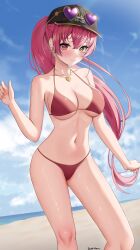 Rule 34 | 1girl, artist name, bare arms, bare shoulders, bikini, black headwear, blush, breasts, closed mouth, collarbone, commission, dokimaru, earrings, eyewear on headwear, hair ornament, hair ribbon, hand up, hat, heart, heart-shaped eyewear, heart necklace, heterochromia, highres, hololive, houshou marine, houshou marine (summer), jewelry, large breasts, looking at viewer, medium hair, navel, necklace, ponytail, red bikini, red eyes, red hair, red ribbon, ribbon, second-party source, smile, stomach, sunglasses, swimsuit, thighs, underboob, virtual youtuber, yellow eyes