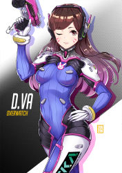 Rule 34 | 1girl, ;), arm up, artist name, blush, bodysuit, breasts, brown eyes, brown hair, charm (object), closed mouth, clothes writing, cowboy shot, d.va (overwatch), eyebrows, facepaint, facial mark, gloves, gradient hair, gun, hand on own hip, headgear, headphones, hiroki (hirokiart), holding, holding gun, holding weapon, honeycomb (pattern), honeycomb background, honeycomb pattern, long hair, looking at viewer, medium breasts, multicolored hair, one eye closed, overwatch, overwatch 1, pink hair, pink lips, shoulder pads, skin tight, smile, solo, trigger discipline, walking, weapon, whisker markings, white gloves