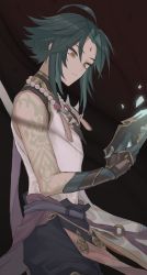 Rule 34 | 1boy, ahoge, ama73, arm tattoo, bead necklace, beads, closed mouth, facial mark, forehead mark, genshin impact, gloves, green hair, highres, holding, holding mask, jewelry, male focus, mask, multicolored hair, necklace, polearm, simple background, sleeveless, solo, tassel, tattoo, weapon, xiao (genshin impact), yellow eyes